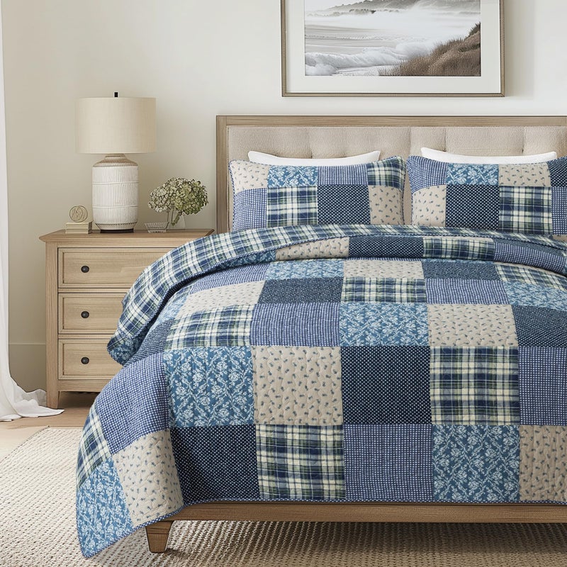 SLPR Blue Symphony Cotton Pieced Quilt Set - Twin with 1 Sham, Farmhouse Patchwork Quilted Bedspread with Check and Plaid Pattern, Lightweight and Cozy Country Checkered Bedding - Image 1